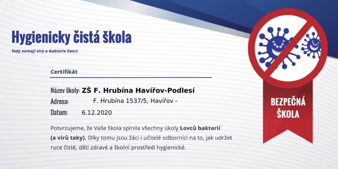 Certifikát Hygienicky čistá škola